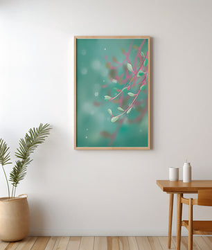 Diseño abstracto sereno con hojas pastel y fondo borroso