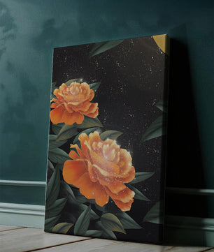 Fantasía floral elegante con flores naranjas vibrantes y un brillo dorado