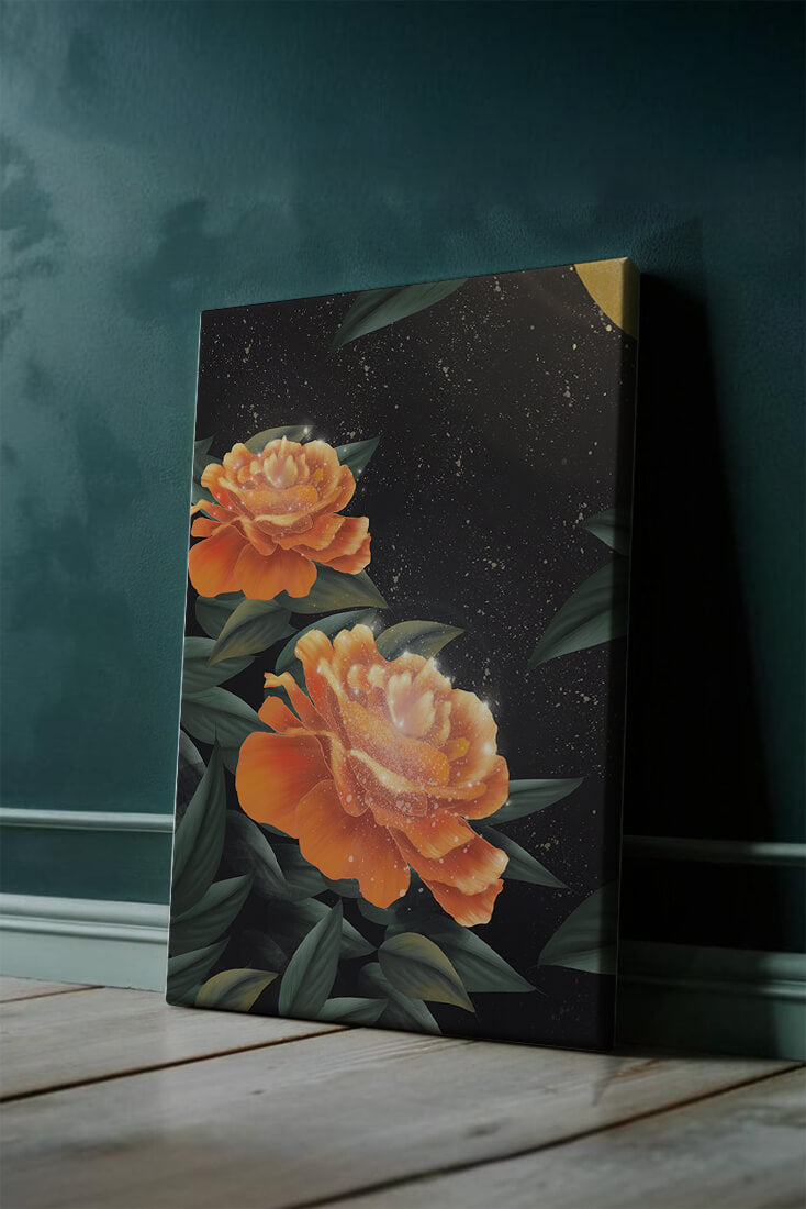 Fantasía floral elegante con flores naranjas vibrantes y un brillo dorado