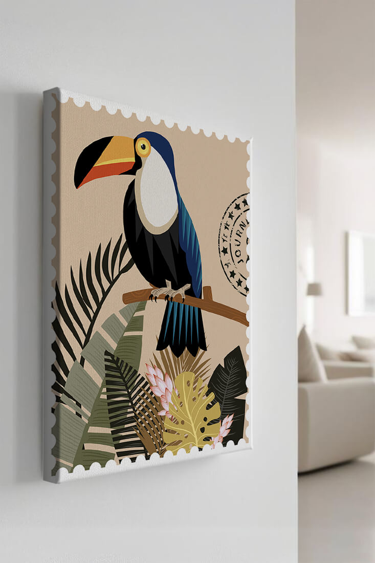Colorful Toucan Surrounded by Tropical Leaves with Travel Stamp