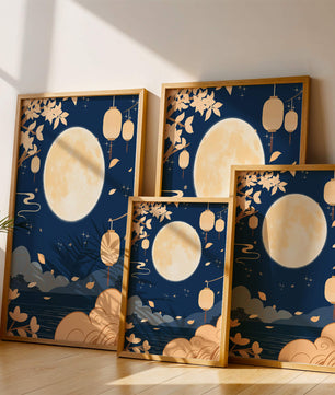 Full Moon Night with Lanterns and Falling Leaves in Tranquil Landscape