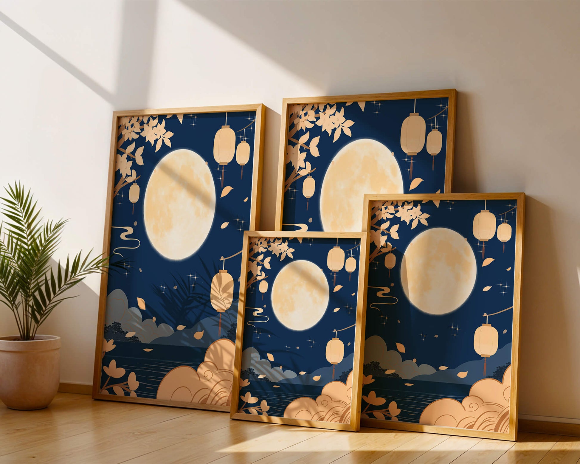 Full Moon Night with Lanterns and Falling Leaves in Tranquil Landscape