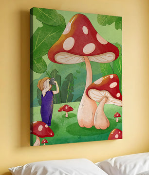 Playful illustration of a child with oversized mushrooms in a whimsical forest setting