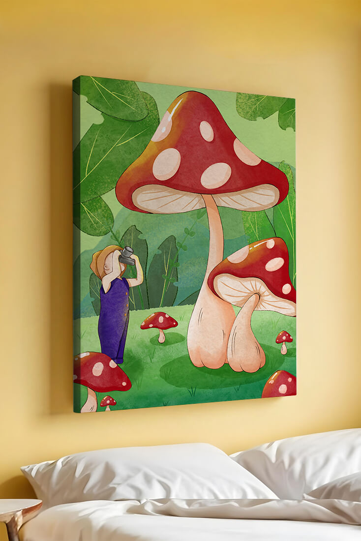 Playful illustration of a child with oversized mushrooms in a whimsical forest setting