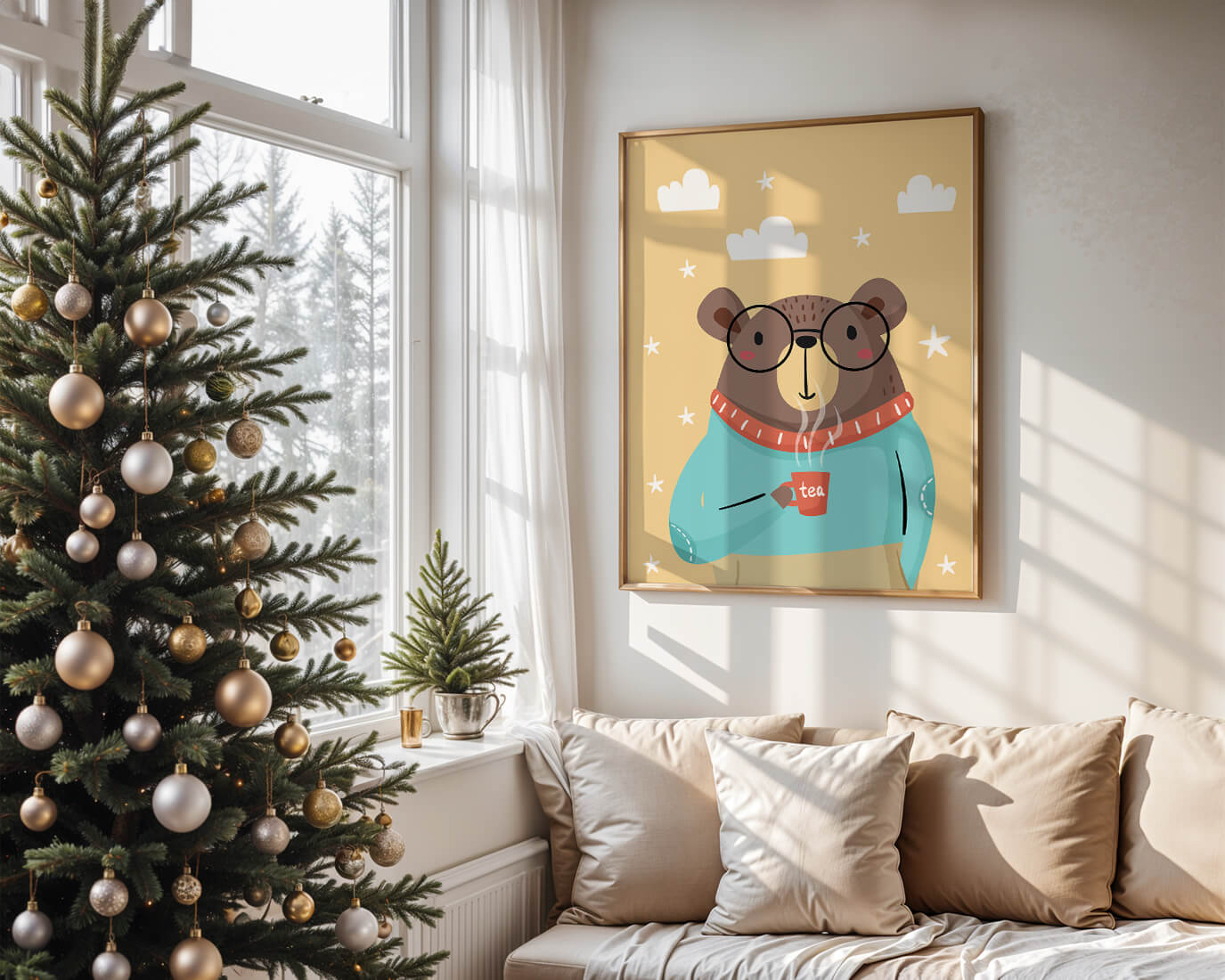 Illustration of a cozy bear enjoying tea with glasses