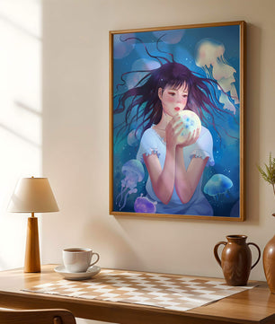 Enchanted underwater scene with girl and glowing jellyfish
