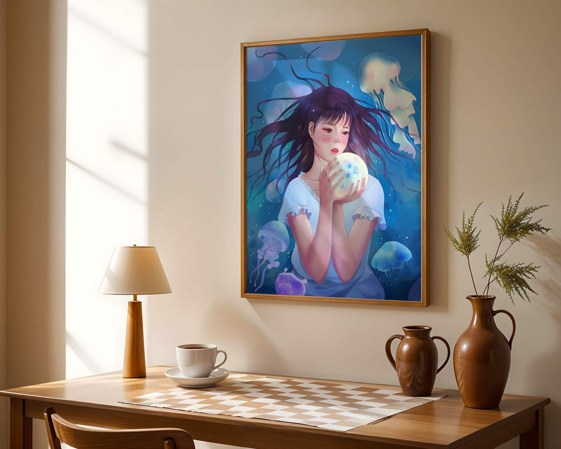 Enchanted underwater scene with girl and glowing jellyfish