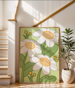 Charming illustrated daisies on a green background