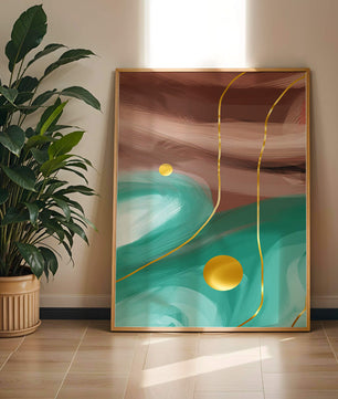 Composición abstracta con elementos dorados sobre fondo turquesa y marrón