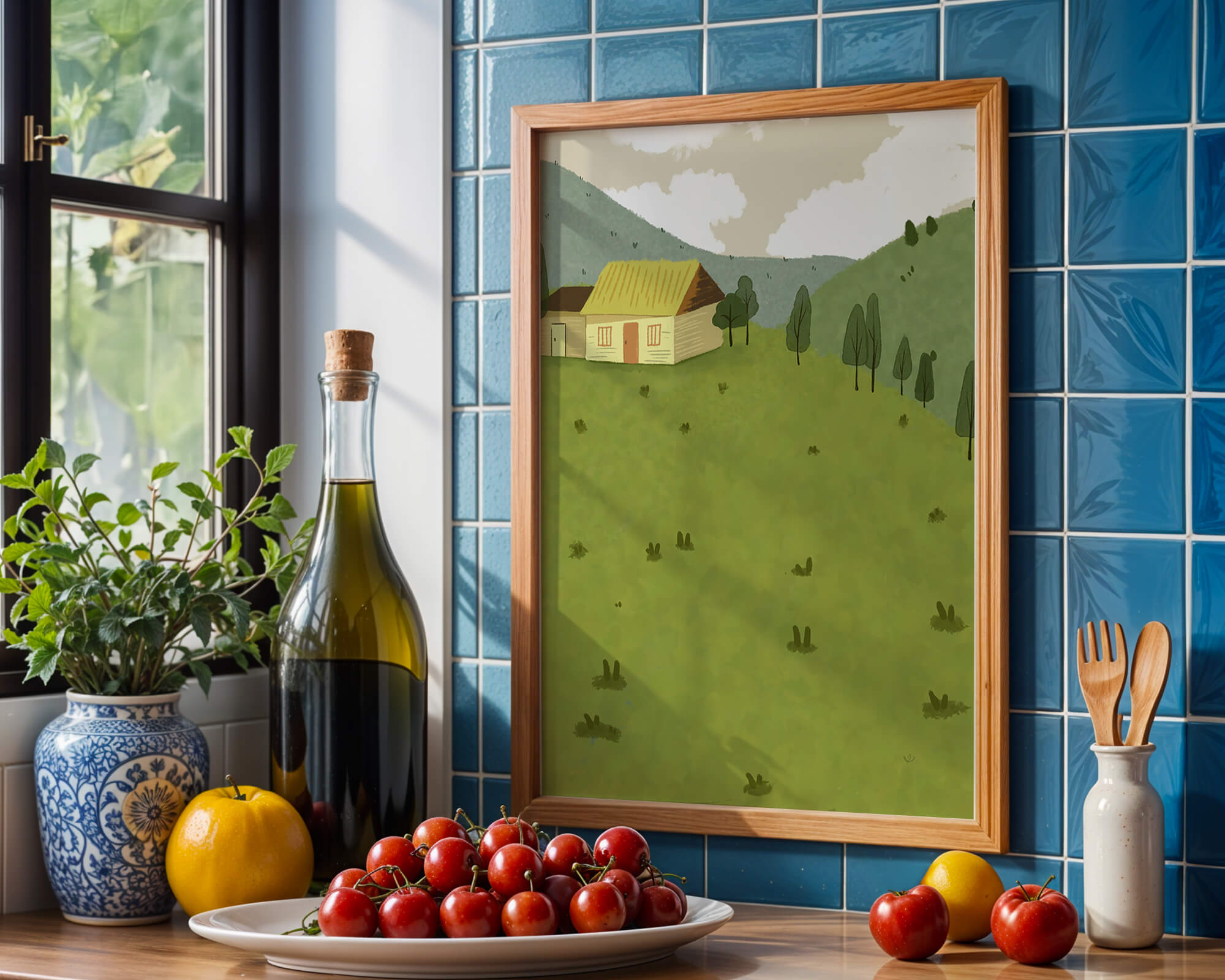 Charming countryside landscape with house and green hills