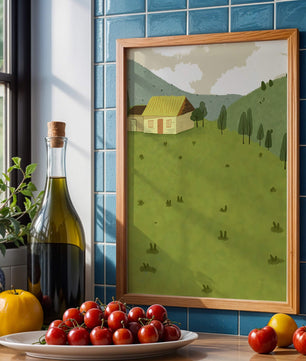 Charming countryside landscape with house and green hills