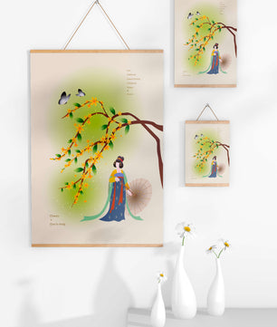 Traditional Chinese painting featuring a woman with flowers and butterflies