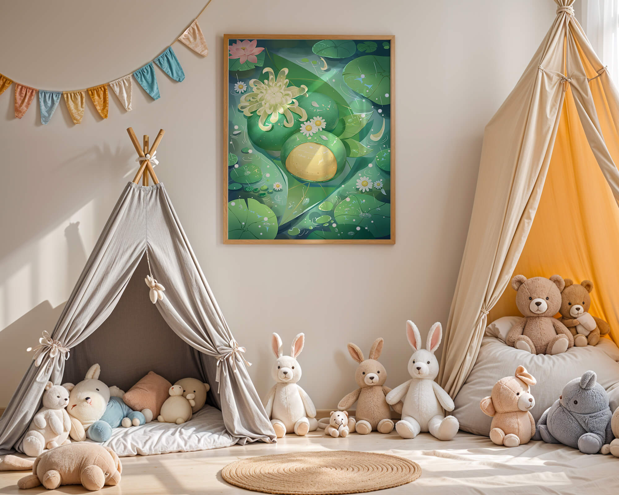 Lush aquatic scene with lotus flowers and green leaves