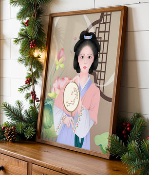 Elegant traditional Asian woman in pastel attire with floral background
