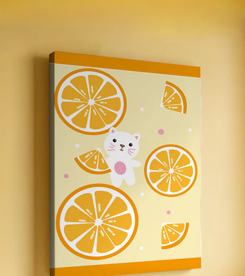 Illustration of a playful cat with orange slices on a colorful background
