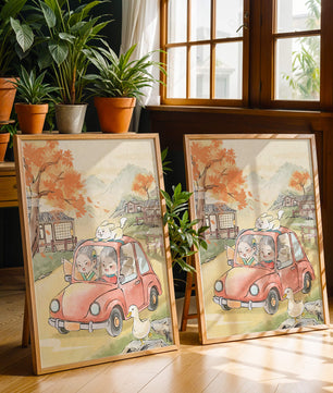 Charmante Landfahrt mit verspielten Charakteren und herbstlicher Landschaft