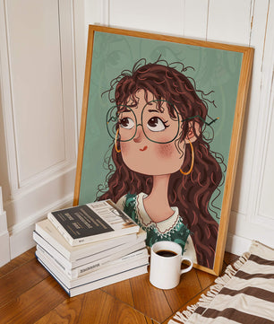 Illustration of a Thoughtful Girl with Glasses and Curly Hair