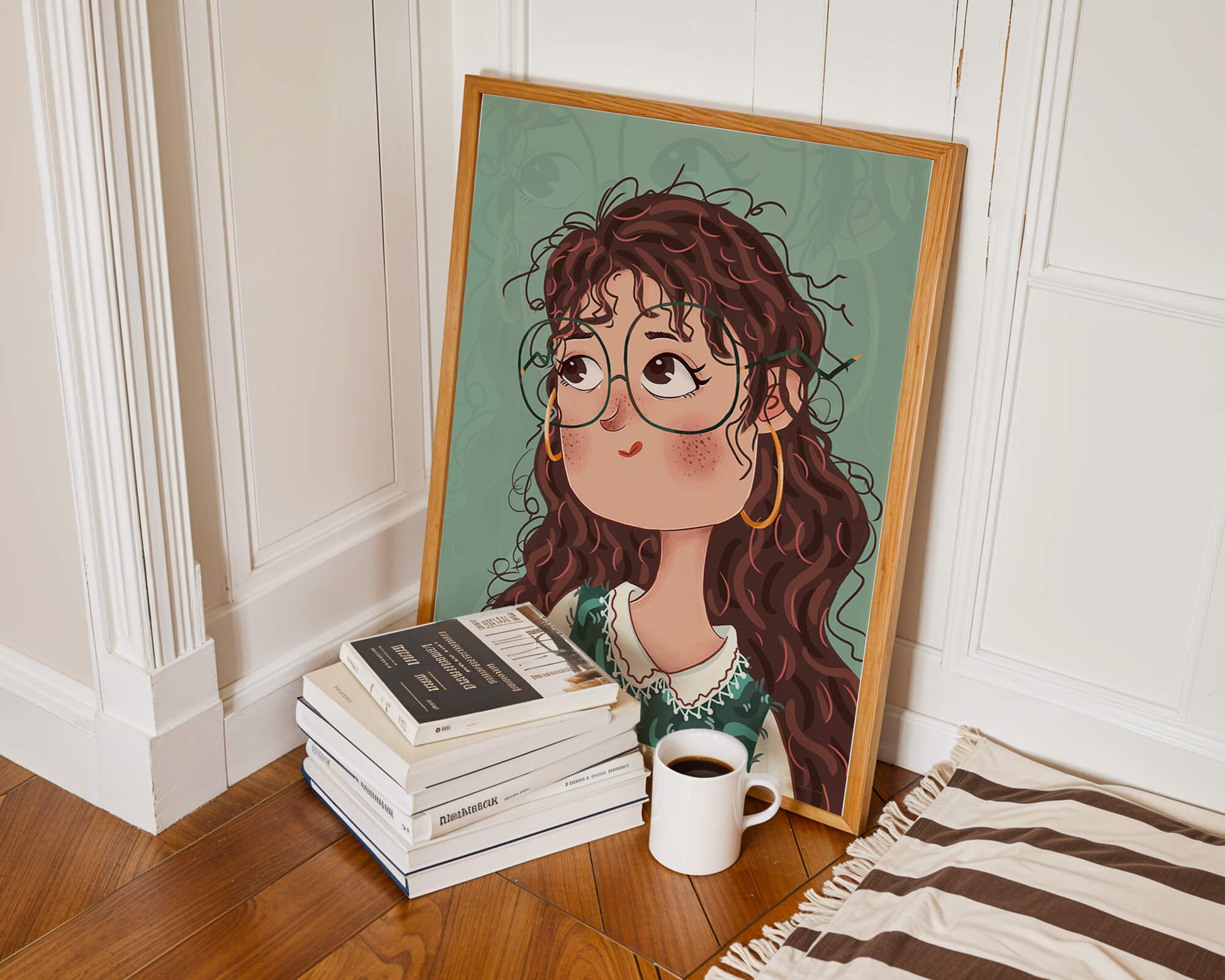 Ilustración de una chica pensativa con gafas y pelo rizado