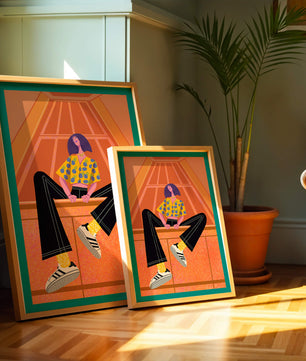 Stylish woman sitting in a vibrant geometric setting