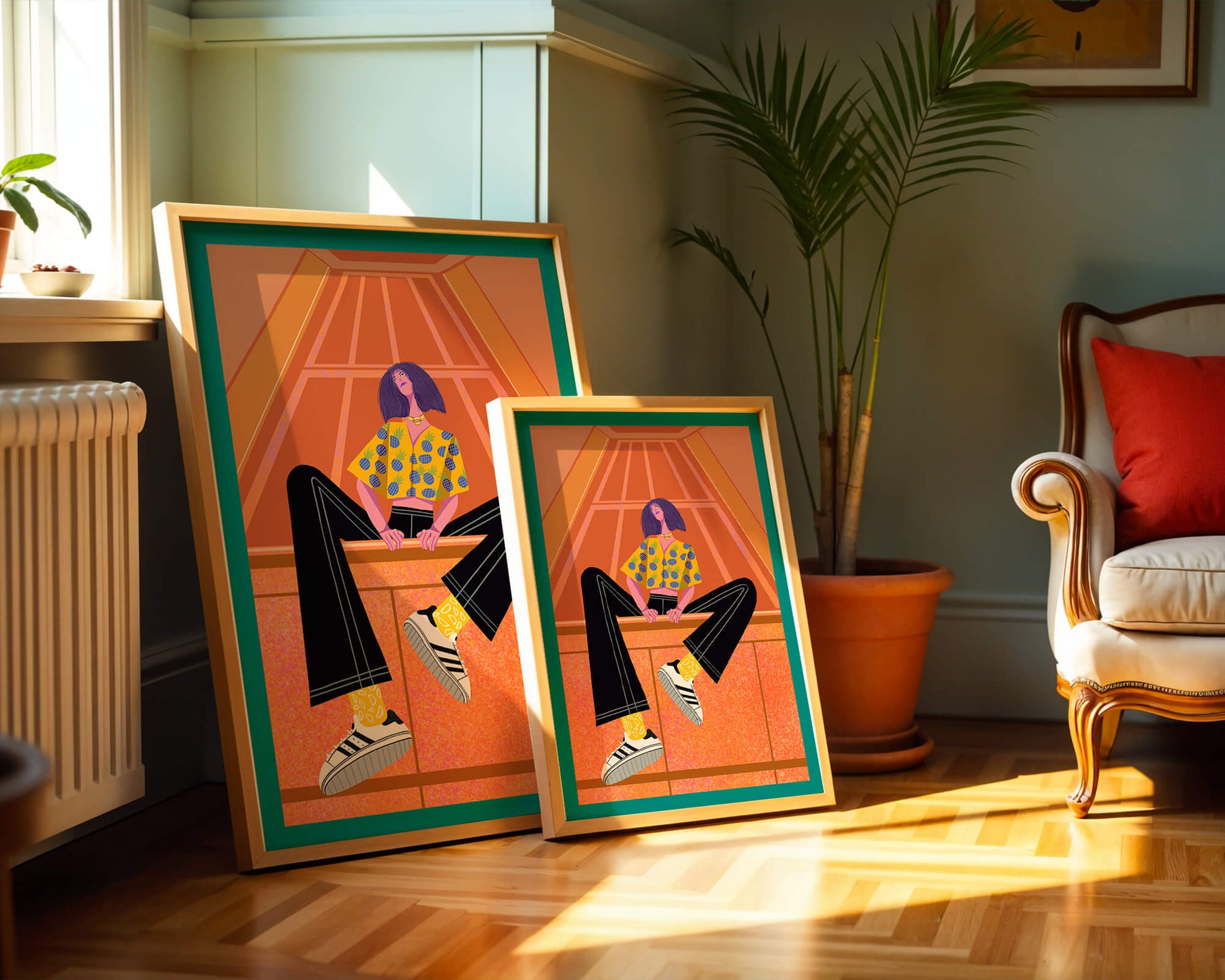 Stylish woman sitting in a vibrant geometric setting