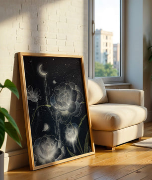 Fleur nocturne avec floraisons au clair de lune et papillon illuminé