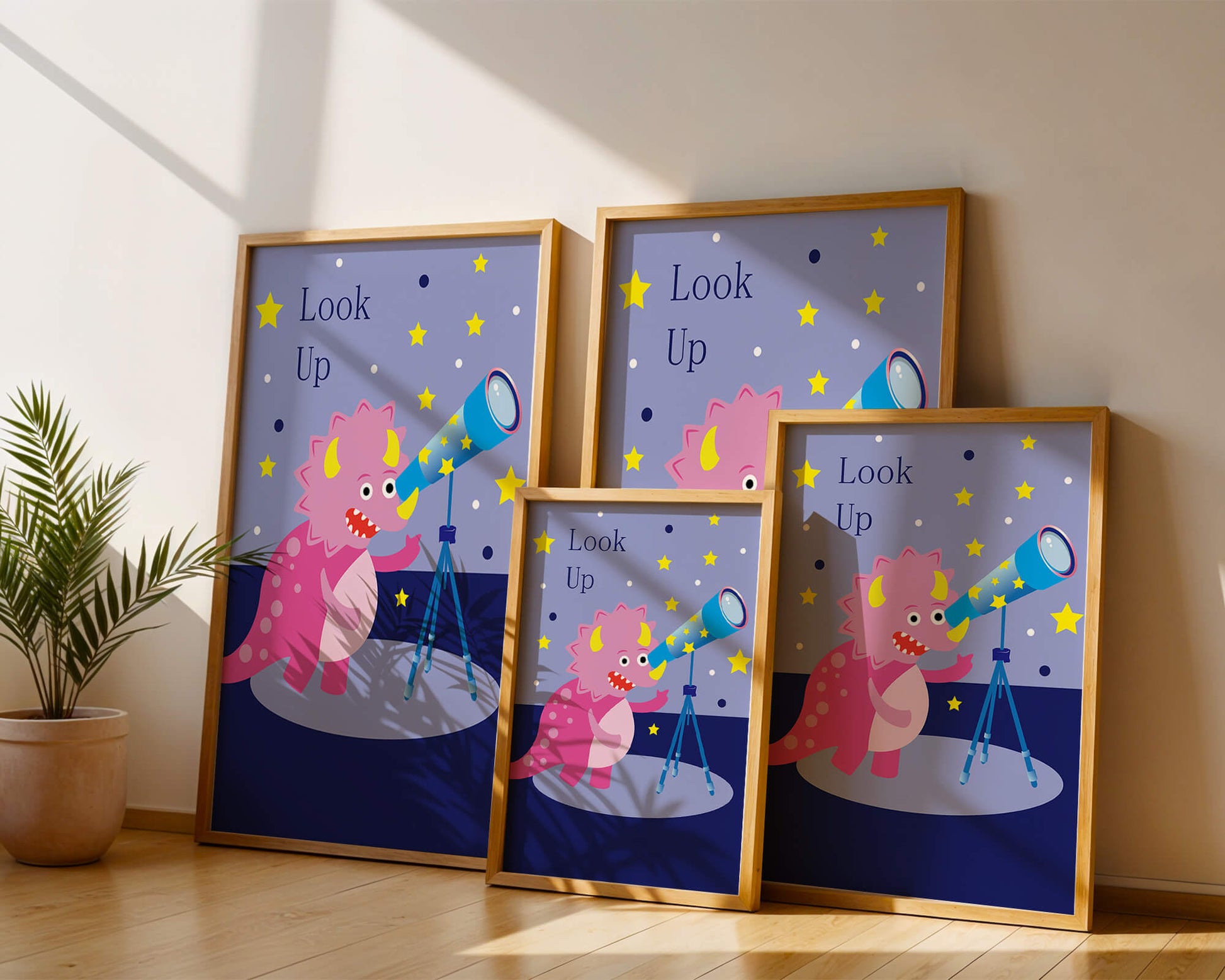 Pink cartoon dinosaur looking through a telescope with stars