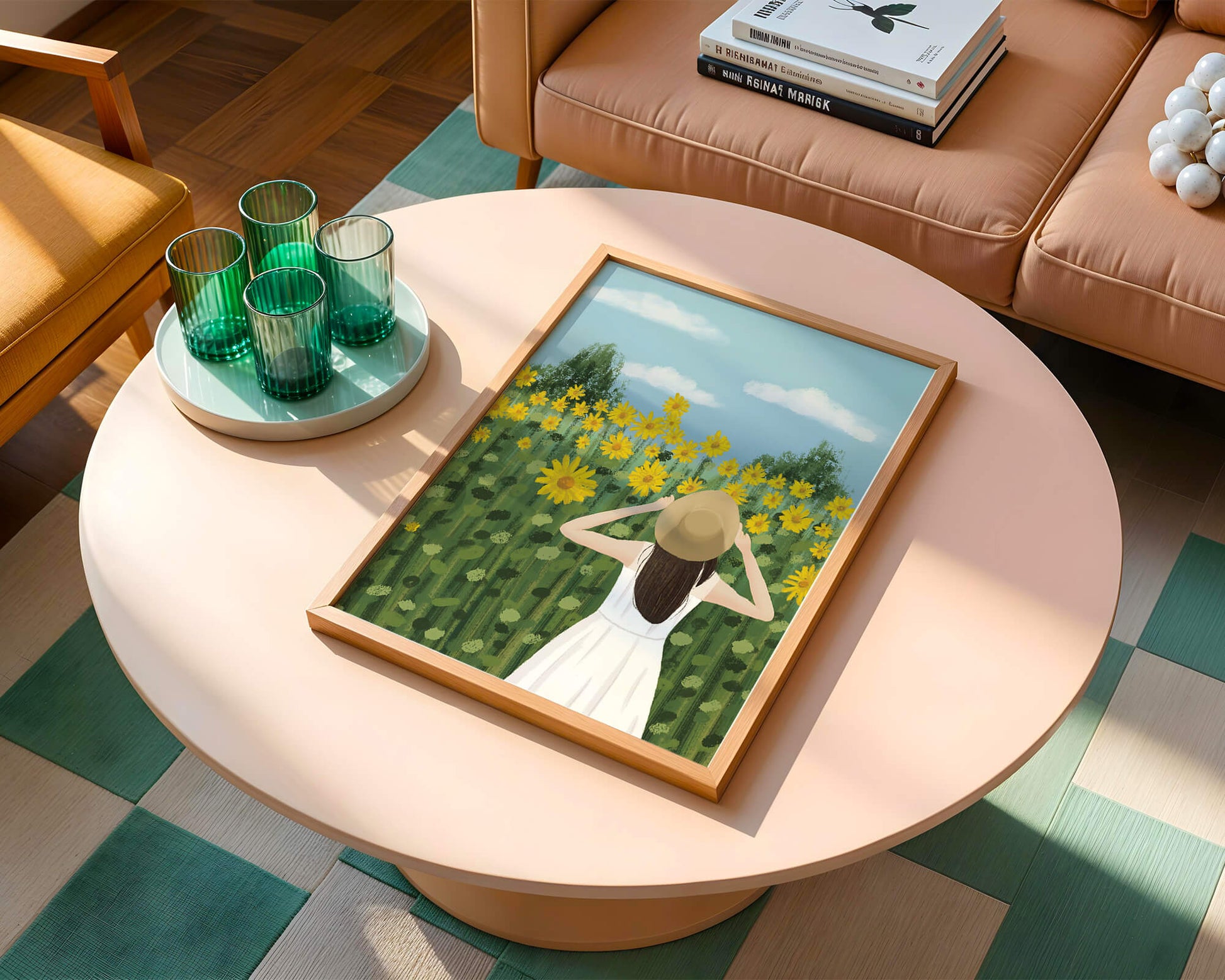 Mujer con vestido blanco admirando un campo de girasoles