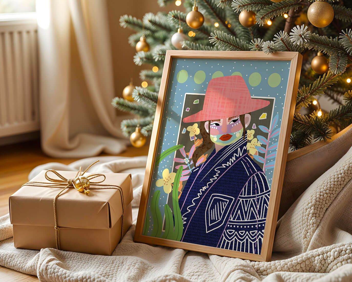 Retrato colorido con patrones y elementos abstractos