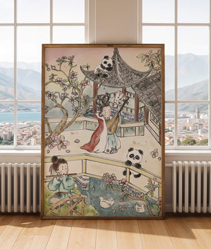 Tranquil Asian Garden Scene with Pandas and Blossoms