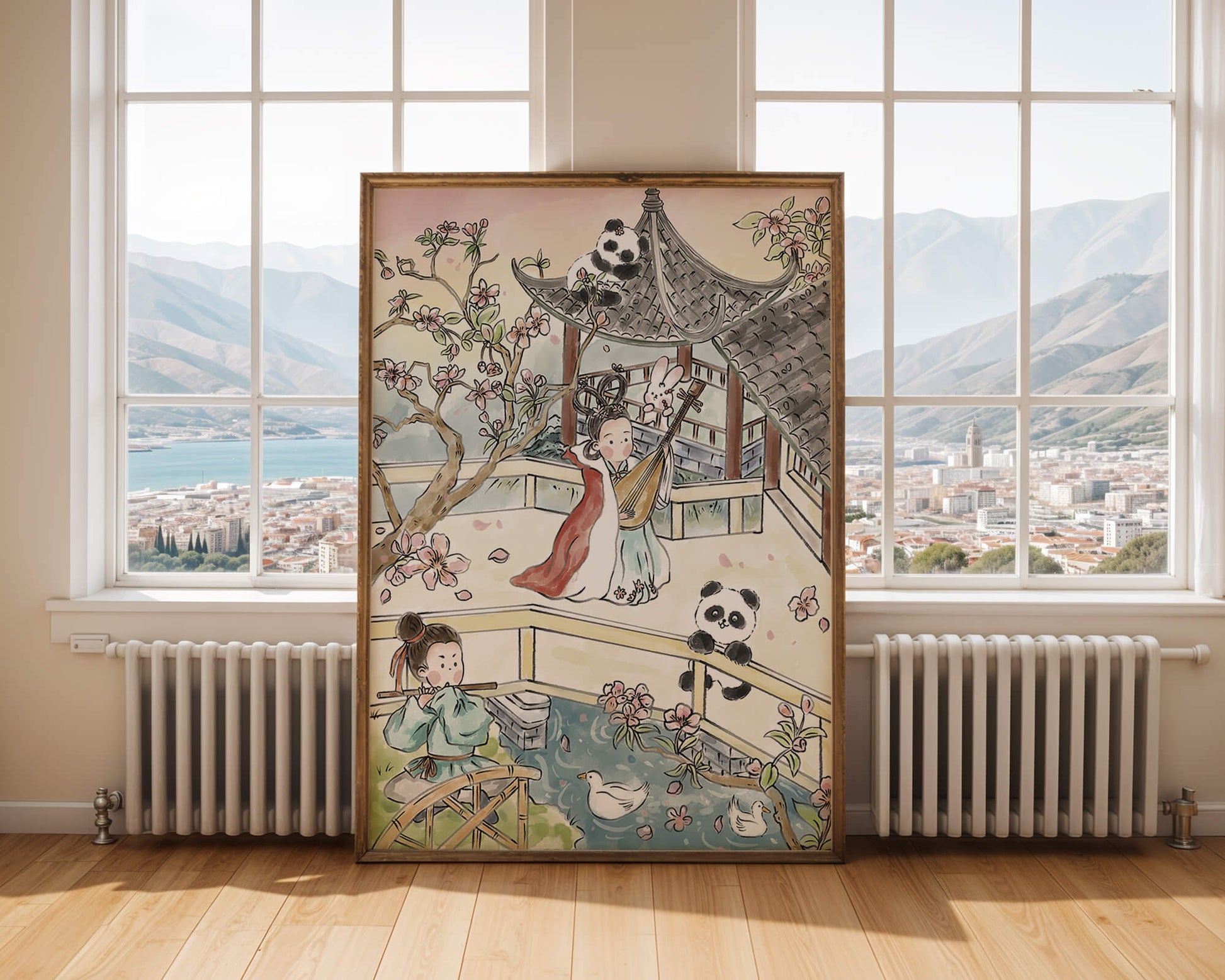 Escena tranquila de jardín asiático con pandas y flores