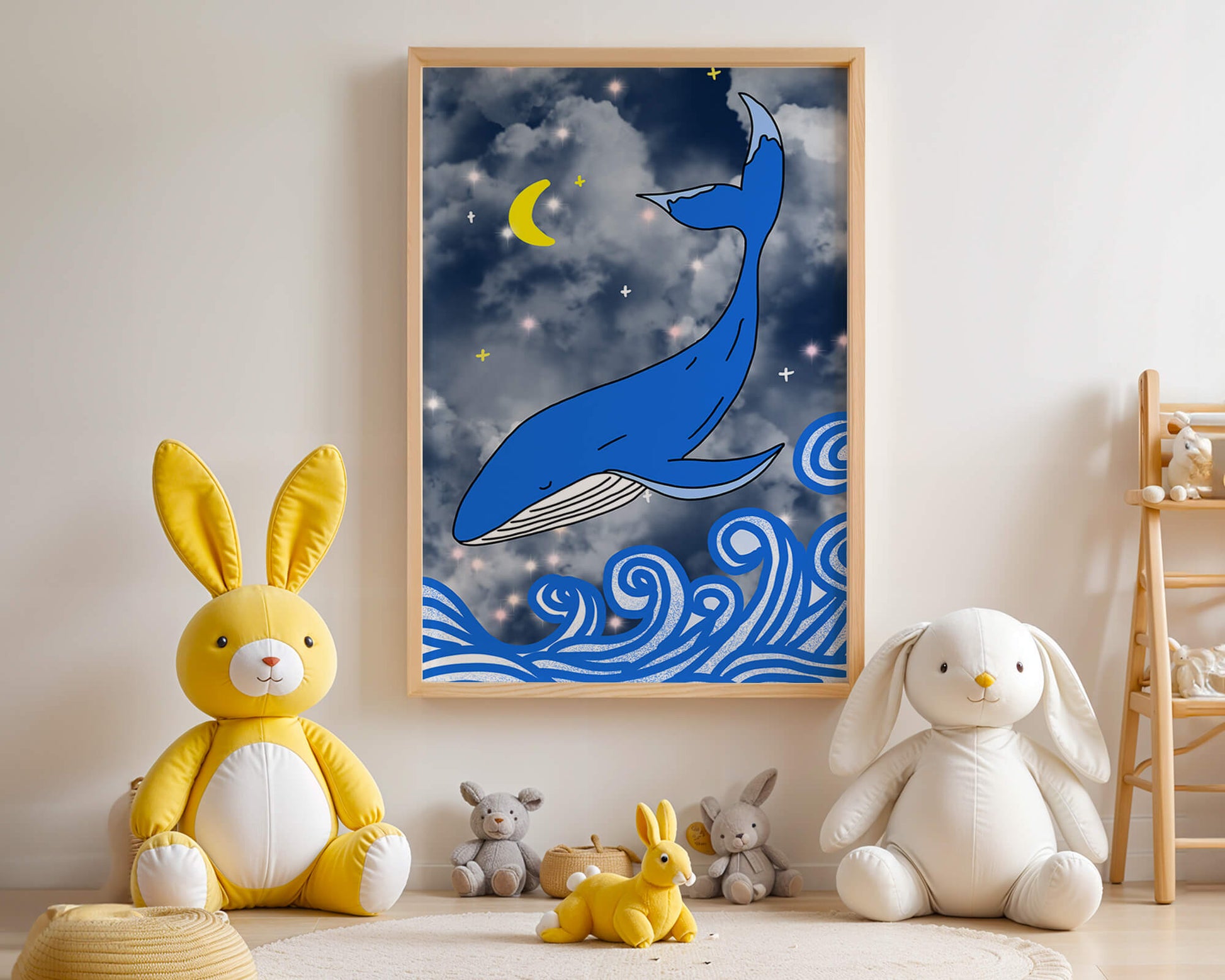 Whimsical blue whale in a starry night ocean scene