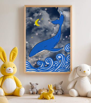 Whimsical blue whale in a starry night ocean scene