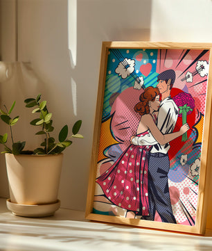 Pareja abrazándose en estilo pop art con un fondo colorido