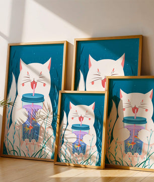 Playful cat with a fish tank tumbler in the underwater scene illustration
