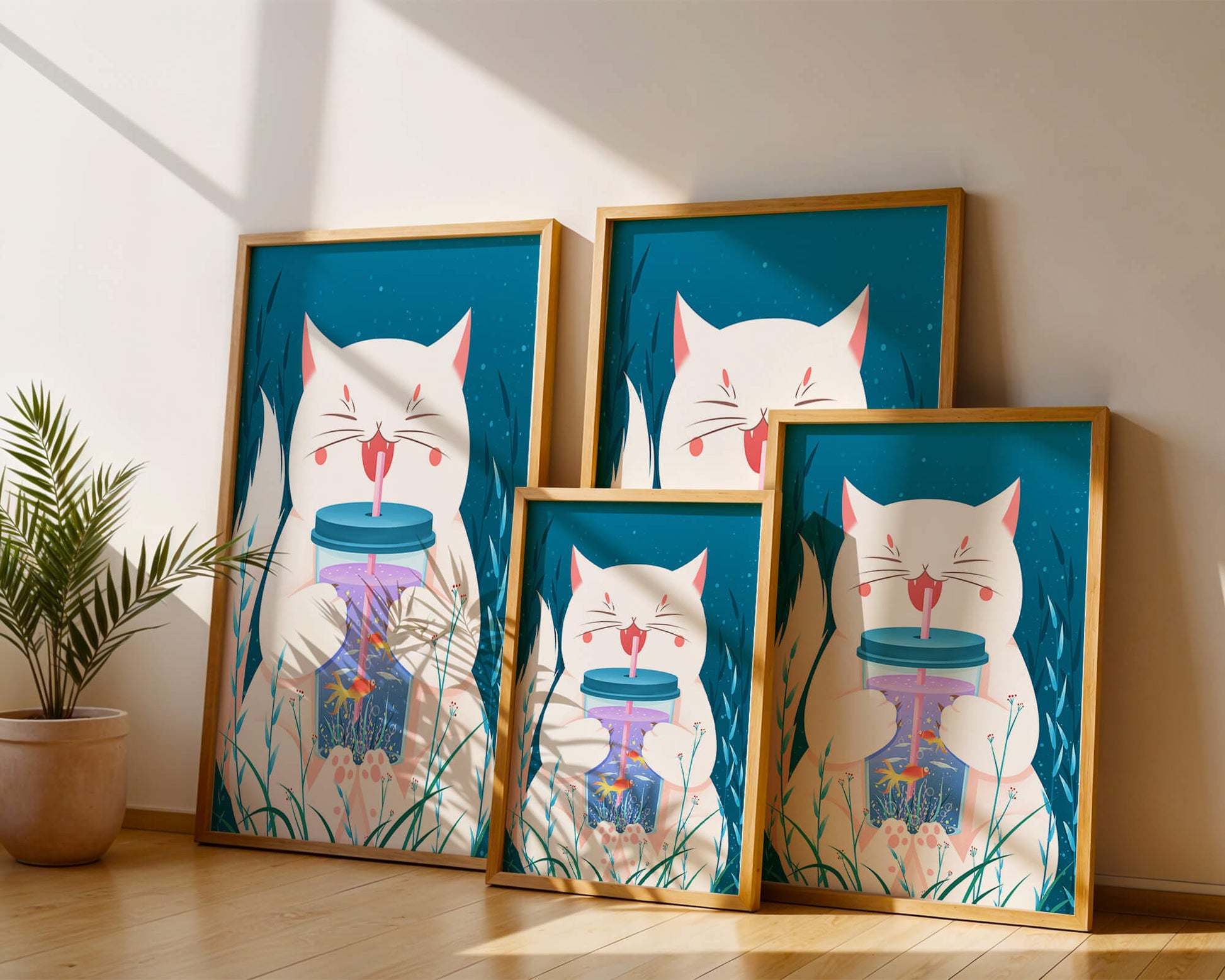 Playful cat with a fish tank tumbler in the underwater scene illustration