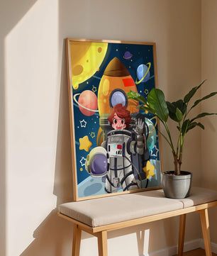 Young Astronaut with Rocket and Planets in Space Adventure