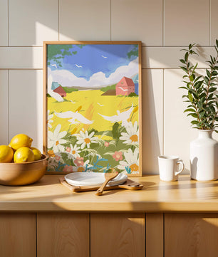 Summer Landscape with Birds and Flowers in a Pastoral Setting