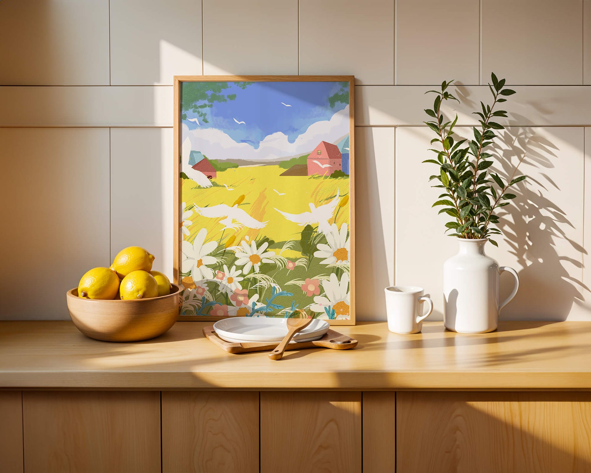Summer Landscape with Birds and Flowers in a Pastoral Setting