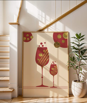 Stylish wine glasses with gold accents and a festive theme