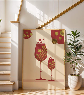 Stylish wine glasses with gold accents and a festive theme