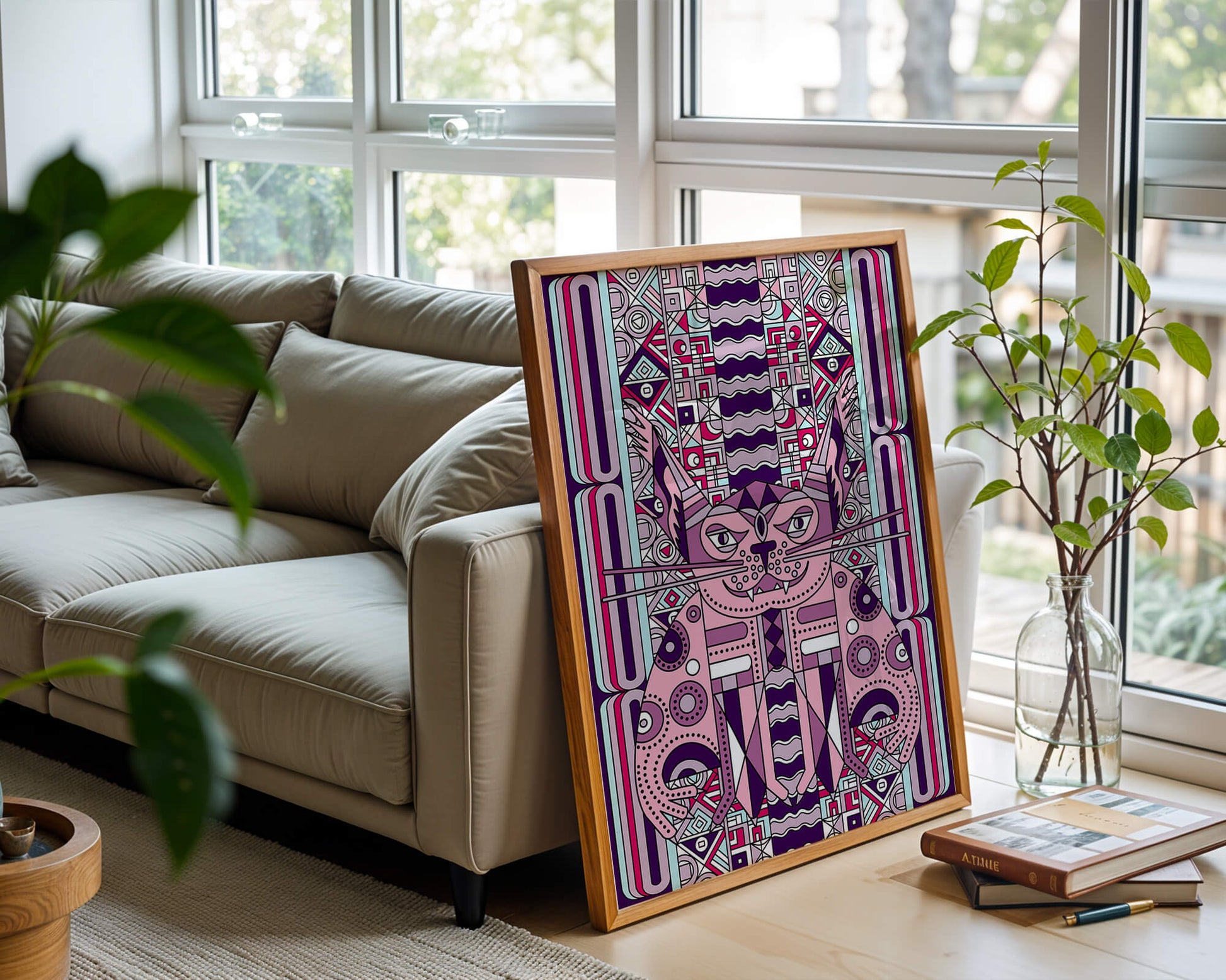 Art de chat géométrique coloré avec motifs abstraits en tons pastel