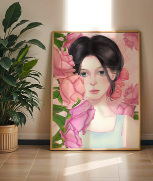 Illustration d'une femme entourée de roses roses