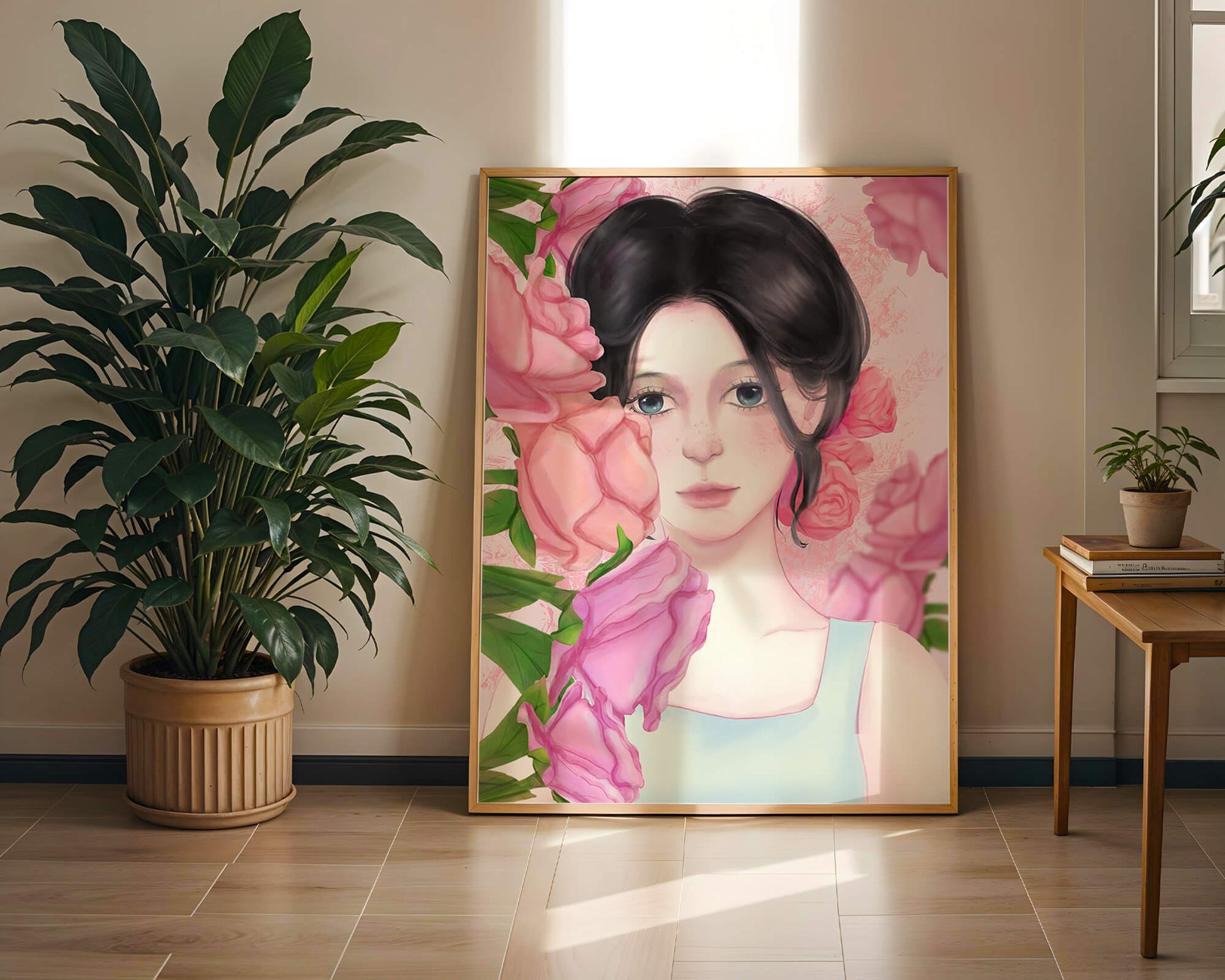 Illustration of a woman surrounded by pink roses