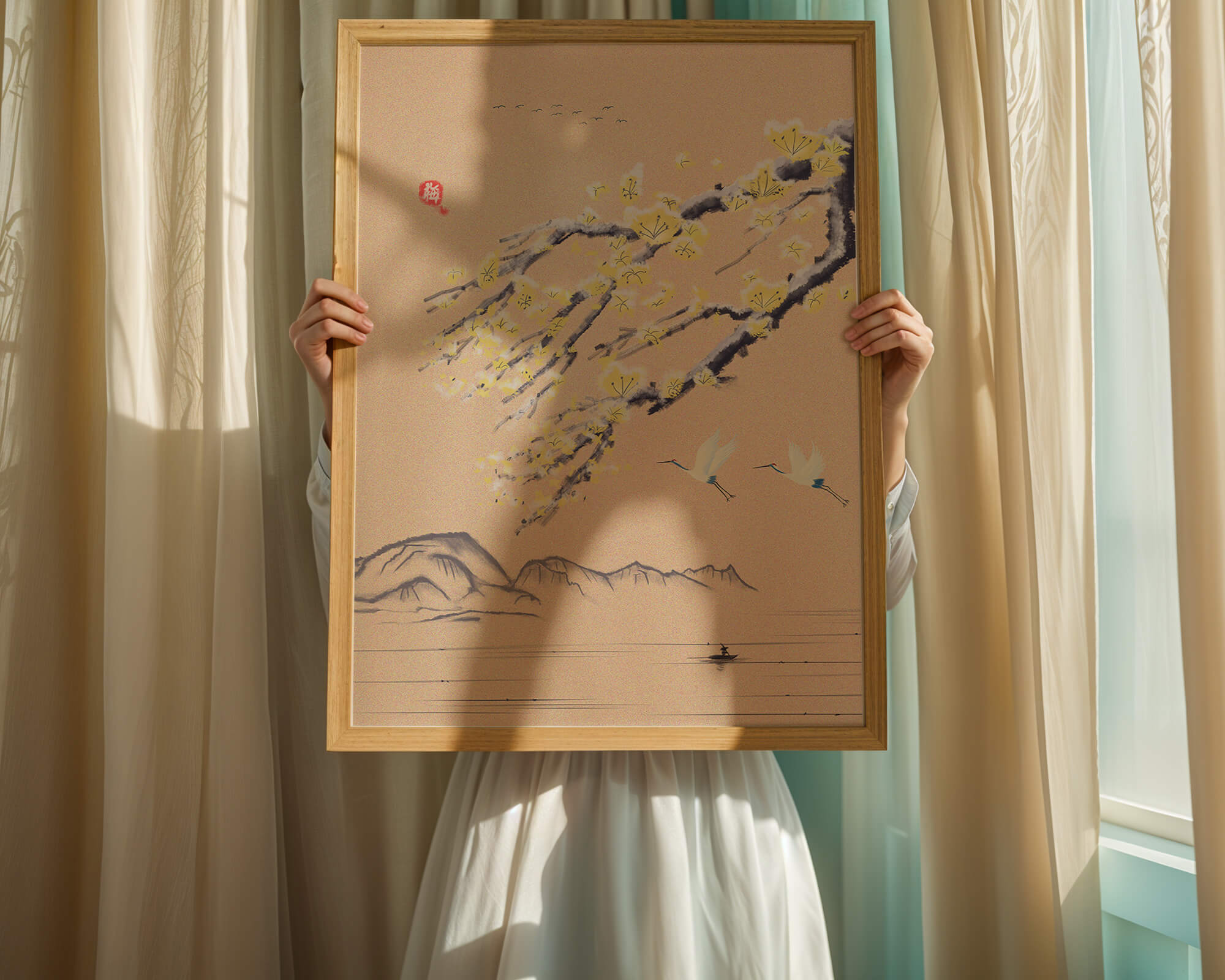 Tranquil landscape with blooming branches and flying cranes