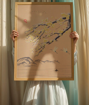 Tranquil landscape with blooming branches and flying cranes