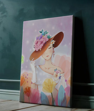 Mujer elegante con sombrero floral entre flores coloridas