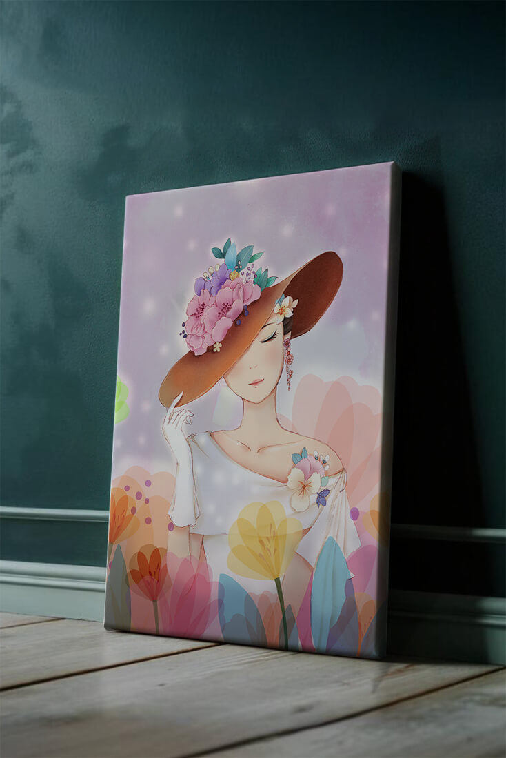 Mujer elegante con sombrero floral entre flores de colores