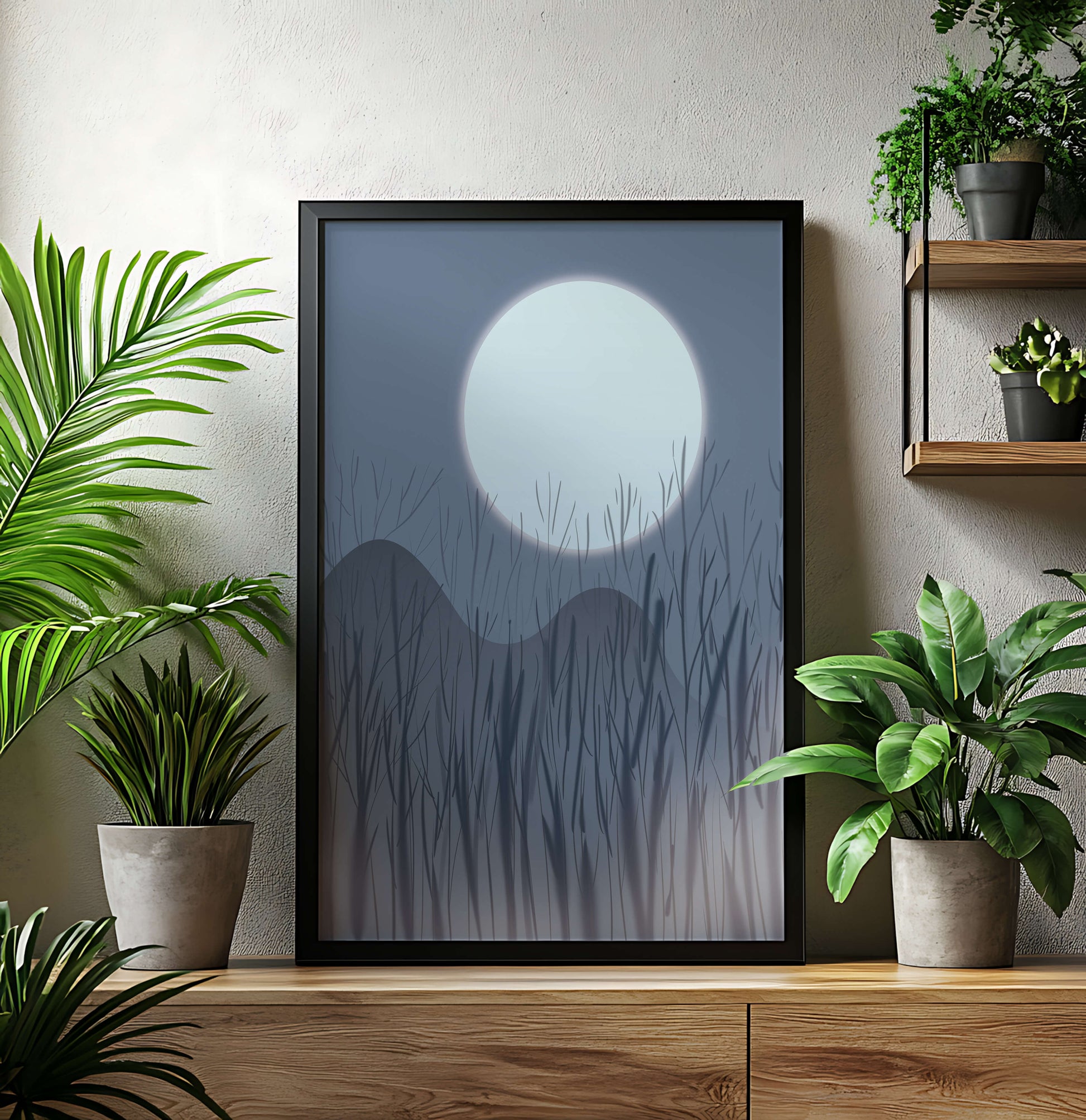 Ruhige Nachtlandschaft mit Vollmond und kahlen Bäumen