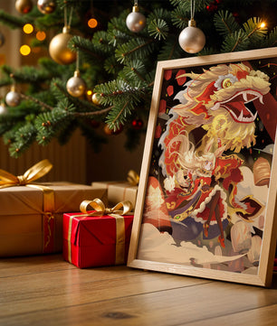 Personnage dynamique avec dragon et lanternes dans une œuvre d'art animée et vibrante