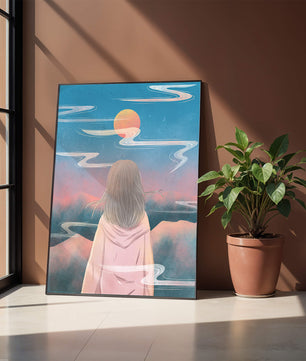 Ruhige Landschaft mit Silhouette, die den Sonnenuntergangshimmel und die Wolken betrachtet